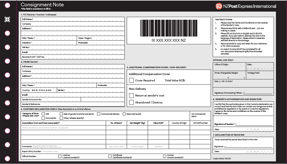 Express international business consignment note (CN23)